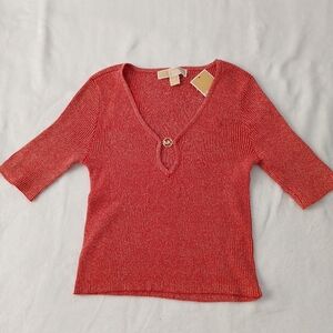 Michael Kors Salmon Knit Crop Top V Neck, Strechy 3/4 Sleeve Women's Size M